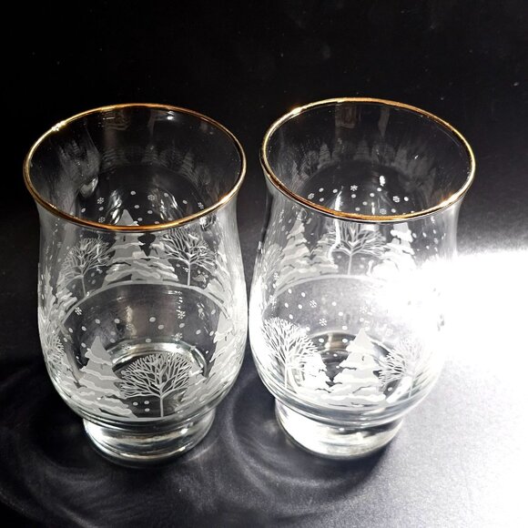 2 Pines White Silhouette Tumblers Glasses 5.25" Lynns China Winter trees gold - Picture 3 of 5